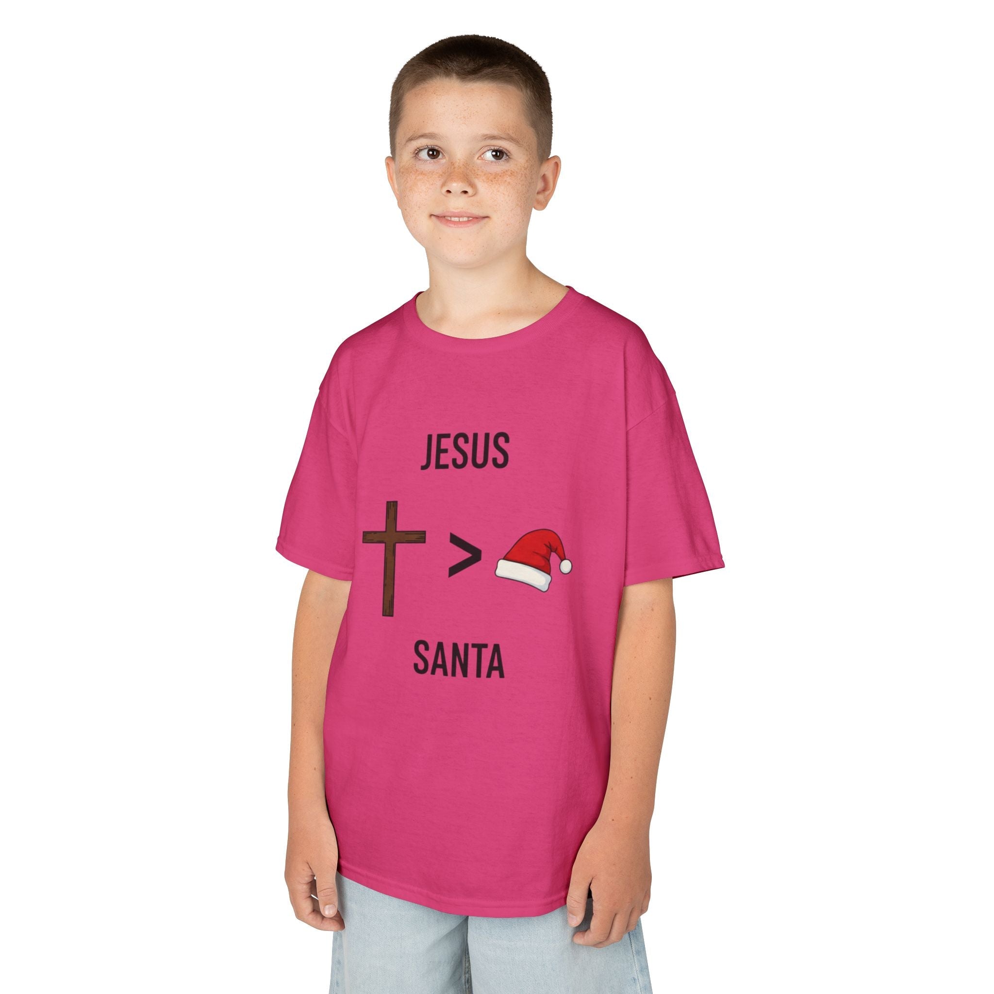 🎄 Jesus > Santa – Minimalist Christian Christmas Kids T-Shirt | Bold Faith Over Holiday Tee | Cross vs Santa Hat Design | Uplifted Gear Printify